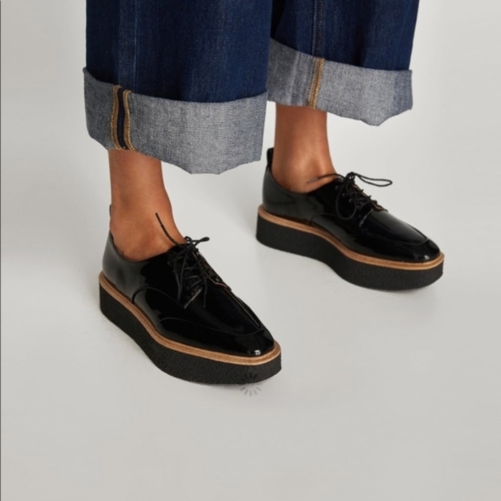 Zara Derby Black Patent Platform Lace-Up Oxfords Loafer Shoes
